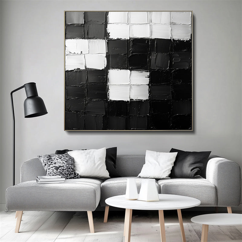 Monochrome Harmony: Textured Black & White Geometric Abstract Art - Minimalist Wall Decor, Edgy Accent for Modern Interiors