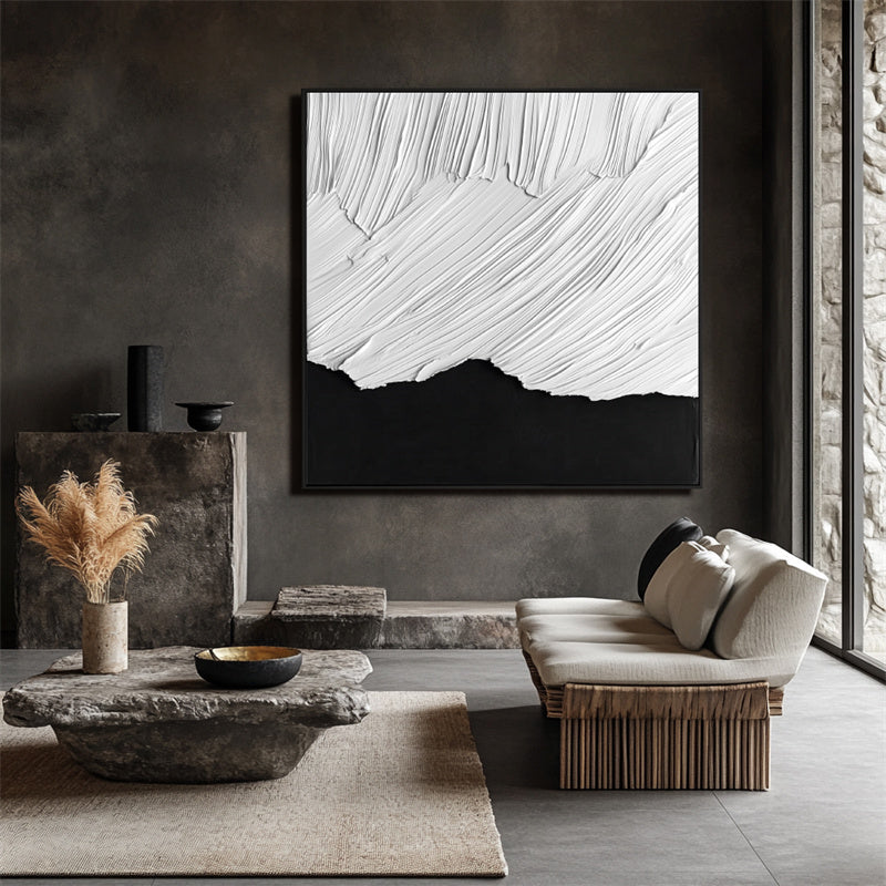 Monochrome Ridge Flow: Textured Black & White Abstract Oil Painting - Minimalist Wall Art, Modern Decor for Contemporary Interiors