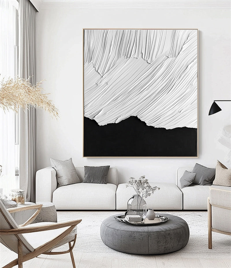 Monochrome Ridge Flow: Textured Black & White Abstract Oil Painting - Minimalist Wall Art, Modern Decor for Contemporary Interiors