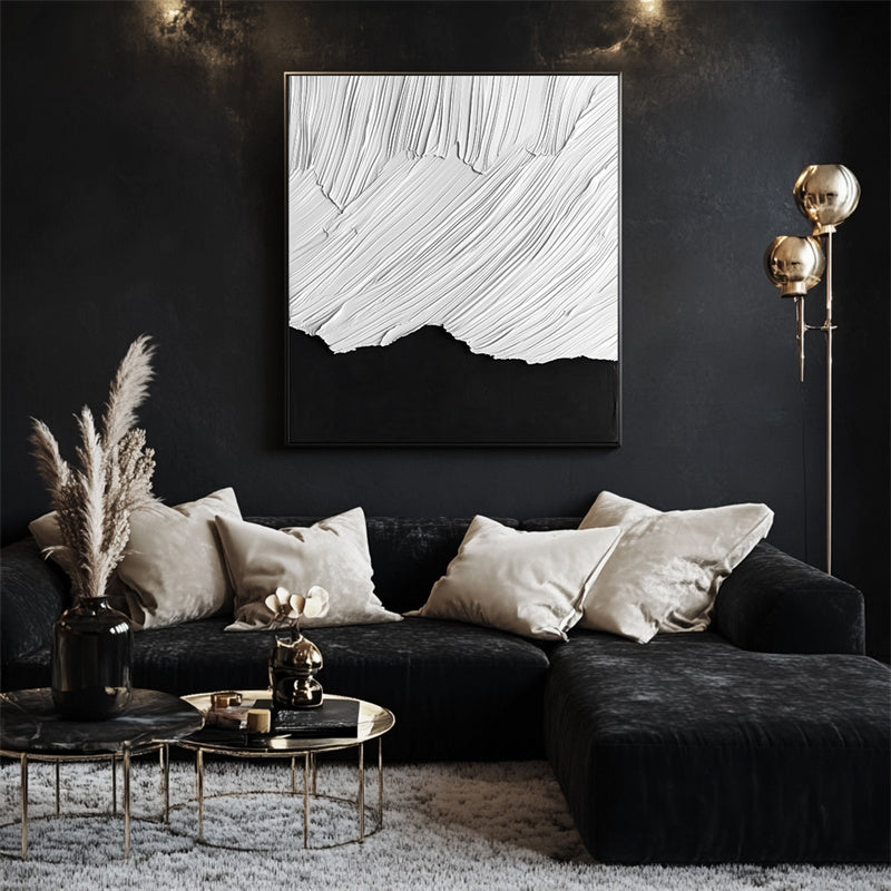 Monochrome Ridge Flow: Textured Black & White Abstract Oil Painting - Minimalist Wall Art, Modern Decor for Contemporary Interiors