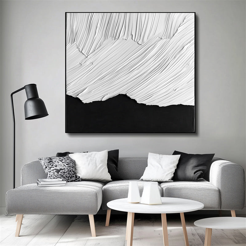 Monochrome Ridge Flow: Textured Black & White Abstract Oil Painting - Minimalist Wall Art, Modern Decor for Contemporary Interiors