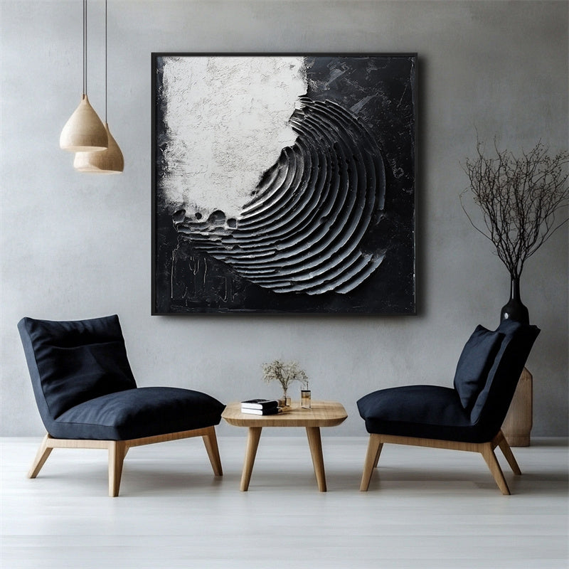 3D Textured Black & White Spiral Abstract Art - Minimalist Wall Decor, Edgy Accent for Modern Interiors