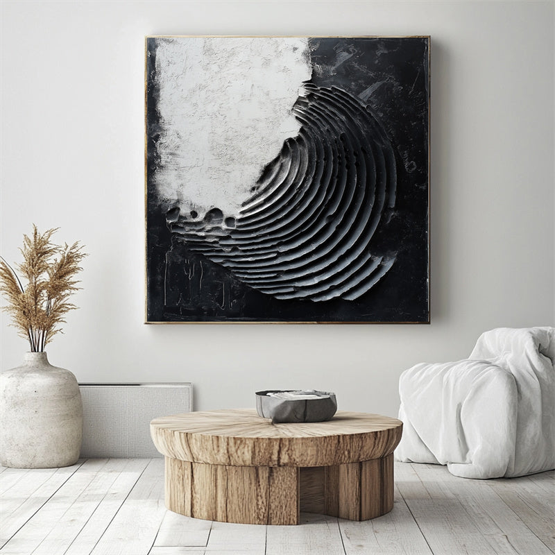 3D Textured Black & White Spiral Abstract Art - Minimalist Wall Decor, Edgy Accent for Modern Interiors