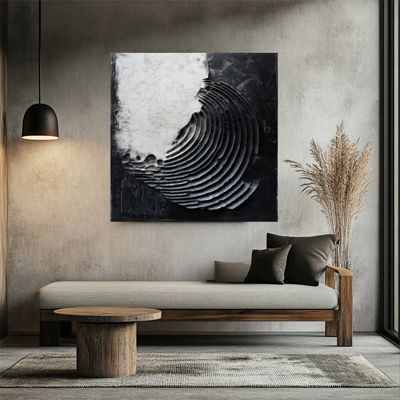 3D Textured Black & White Spiral Abstract Art - Minimalist Wall Decor, Edgy Accent for Modern Interiors