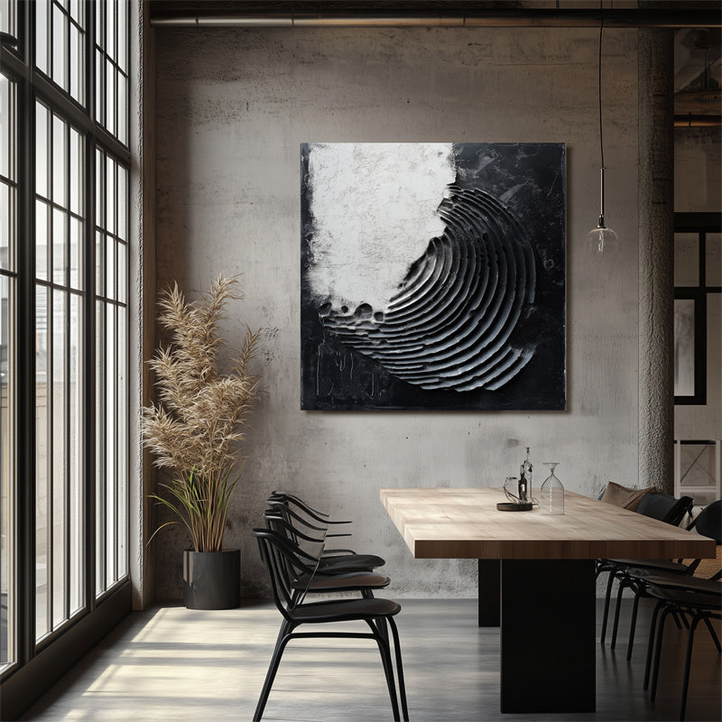 3D Textured Black & White Spiral Abstract Art - Minimalist Wall Decor, Edgy Accent for Modern Interiors