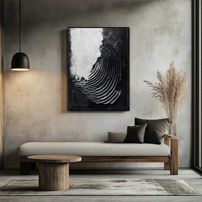 Monochrome Echoes : Contemporary Circular Abstract Wall Art in Impasto Style - Black & White Decor
