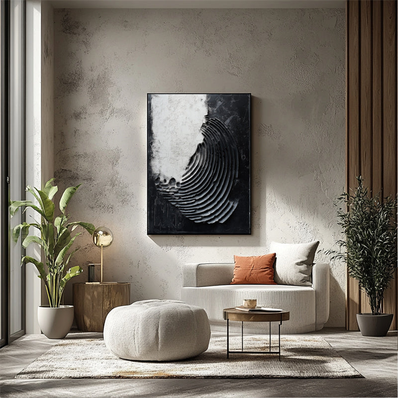 Monochrome Echoes : Contemporary Circular Abstract Wall Art in Impasto Style - Black & White Decor