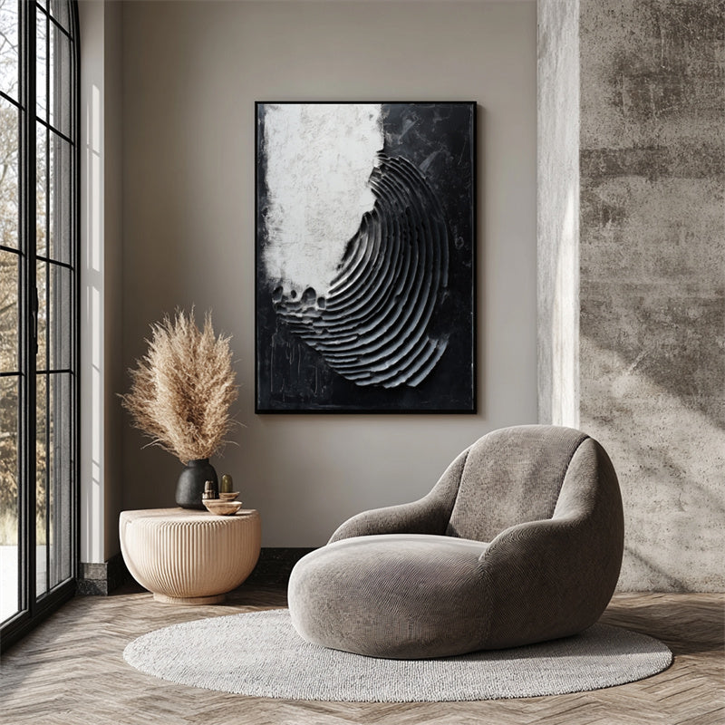 Monochrome Echoes : Contemporary Circular Abstract Wall Art in Impasto Style - Black & White Decor