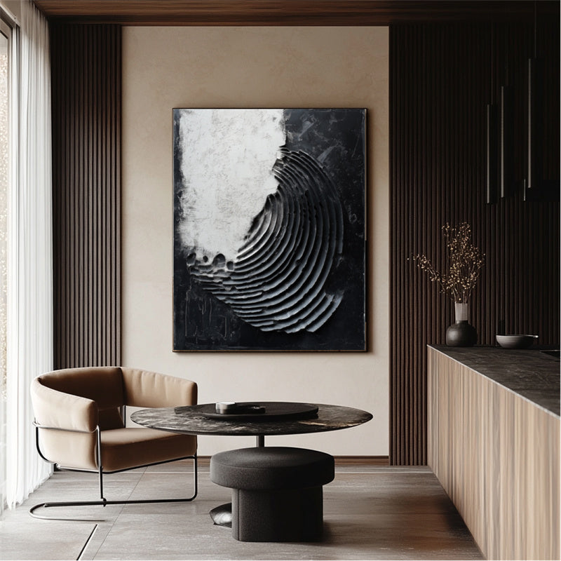 Monochrome Echoes : Contemporary Circular Abstract Wall Art in Impasto Style - Black & White Decor