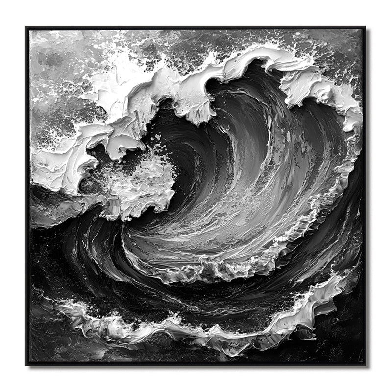 Wave Symphony-Monochrome Abstract Wave Oil Painting – Textured Ocean Wall Art