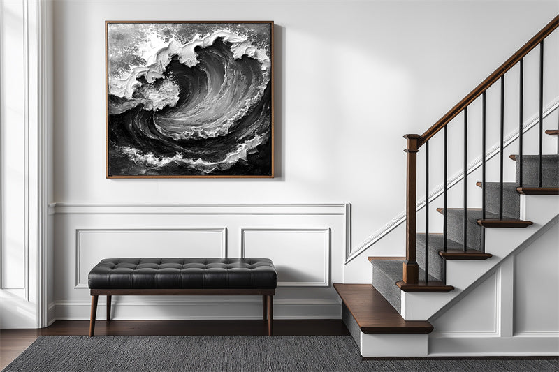 Wave Symphony-Monochrome Abstract Wave Oil Painting – Textured Ocean Wall Art
