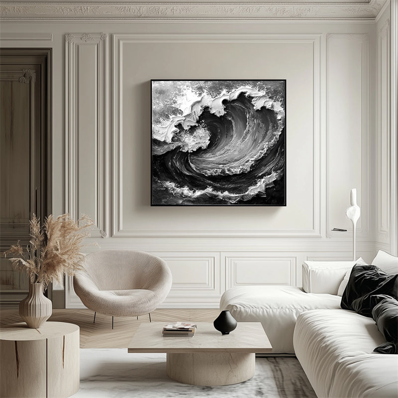 Wave Symphony-Monochrome Abstract Wave Oil Painting – Textured Ocean Wall Art