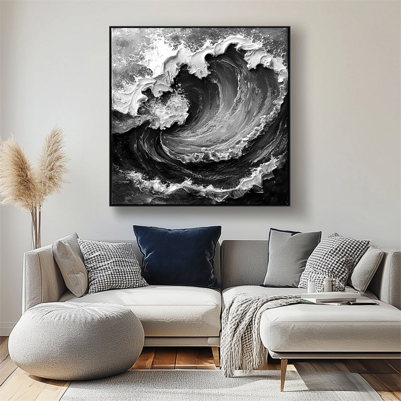 Wave Symphony-Monochrome Abstract Wave Oil Painting – Textured Ocean Wall Art