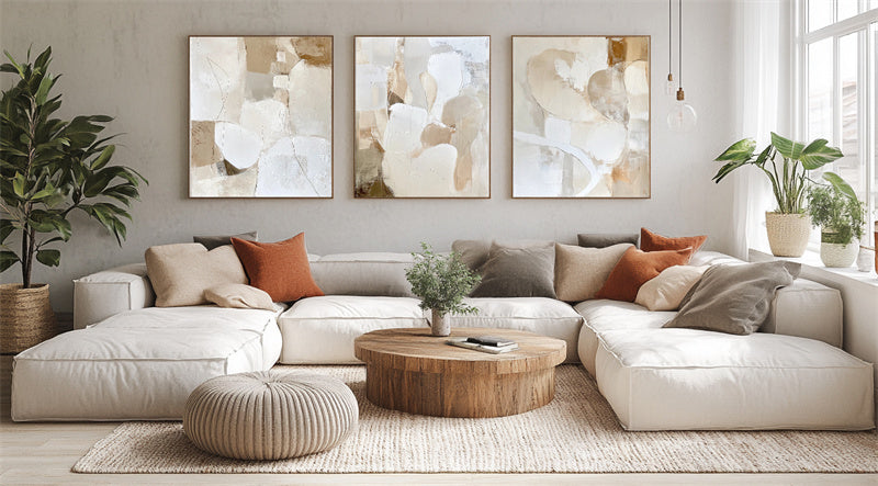 Golden Glow : Contemporary Impasto Triptych Art - Stylish Beige & Brown Wall Decor