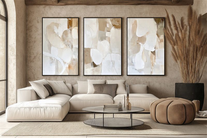 Golden Glow : Contemporary Impasto Triptych Art - Stylish Beige & Brown Wall Decor