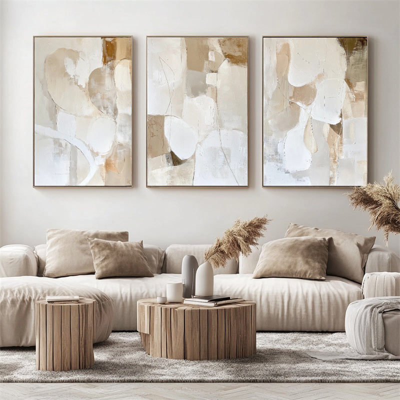 Golden Glow : Contemporary Impasto Triptych Art - Stylish Beige & Brown Wall Decor