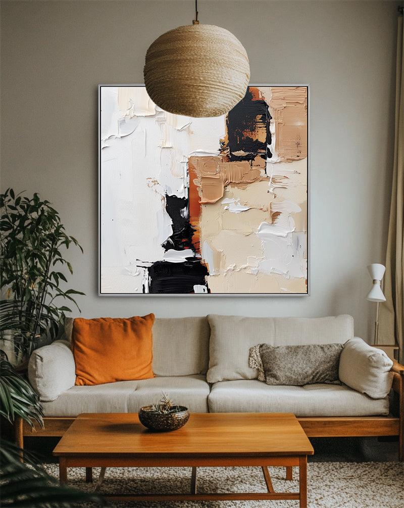 Textured Abstract Wall Art with Black, Beige & Brown Hues - Minimalist Oil Painting, Stylish Accent for Contemporary Homes