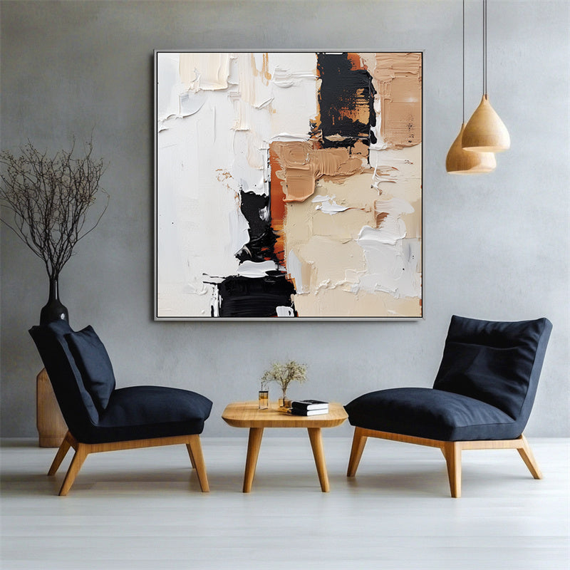 Textured Abstract Wall Art with Black, Beige & Brown Hues - Minimalist Oil Painting, Stylish Accent for Contemporary Homes