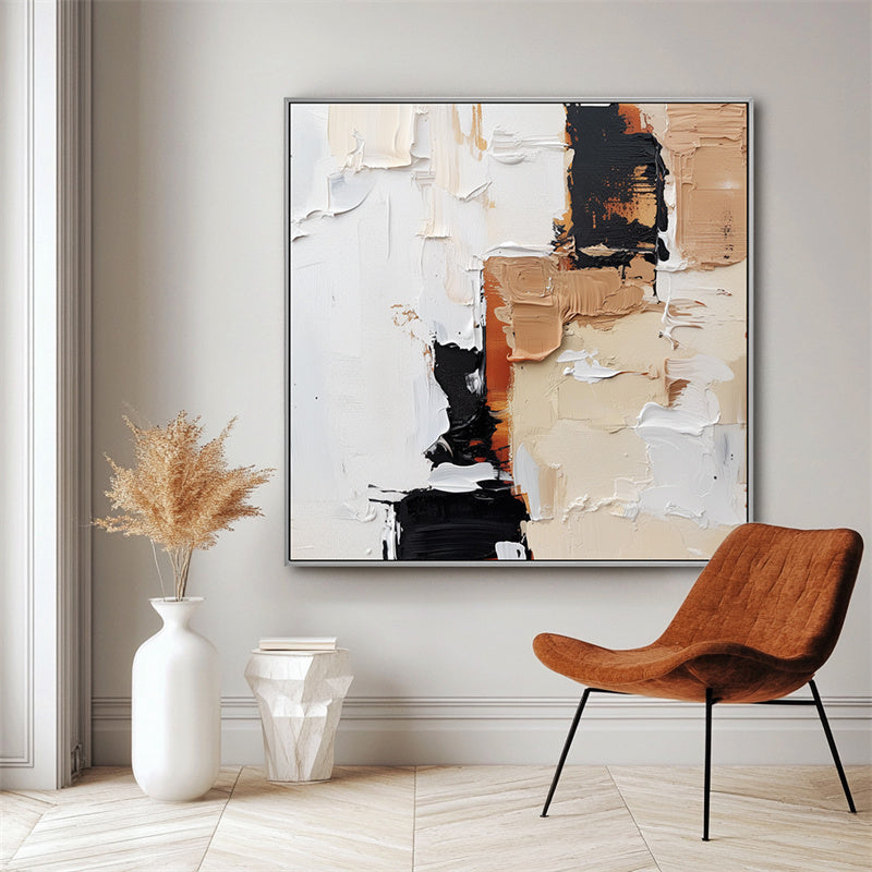 Textured Abstract Wall Art with Black, Beige & Brown Hues - Minimalist Oil Painting, Stylish Accent for Contemporary Homes