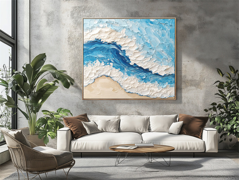 Ocean's Embrace:Thick Texture Ocean Wave Canvas Art - 3D Impasto Beach Scene Wall Decor, Coastal Themed Home Interiors Artwork
