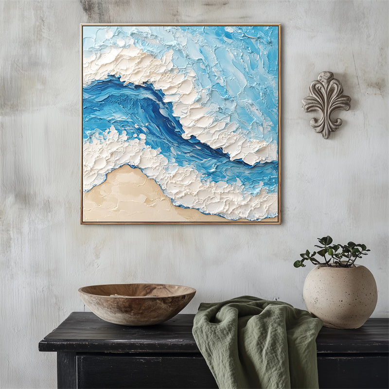 Ocean's Embrace:Thick Texture Ocean Wave Canvas Art - 3D Impasto Beach Scene Wall Decor, Coastal Themed Home Interiors Artwork