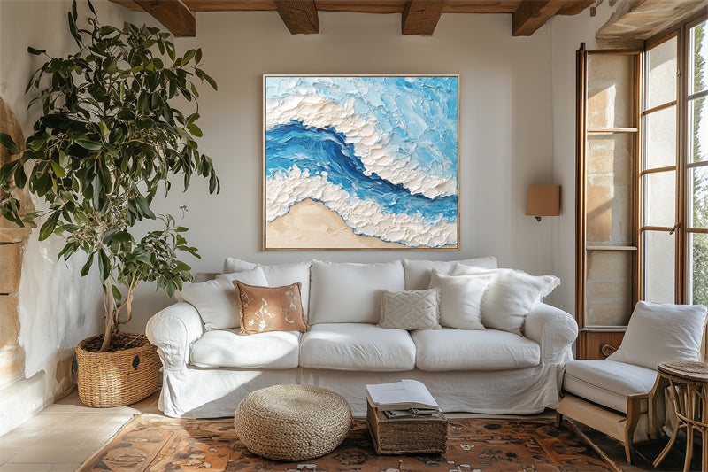 Ocean's Embrace:Thick Texture Ocean Wave Canvas Art - 3D Impasto Beach Scene Wall Decor, Coastal Themed Home Interiors Artwork