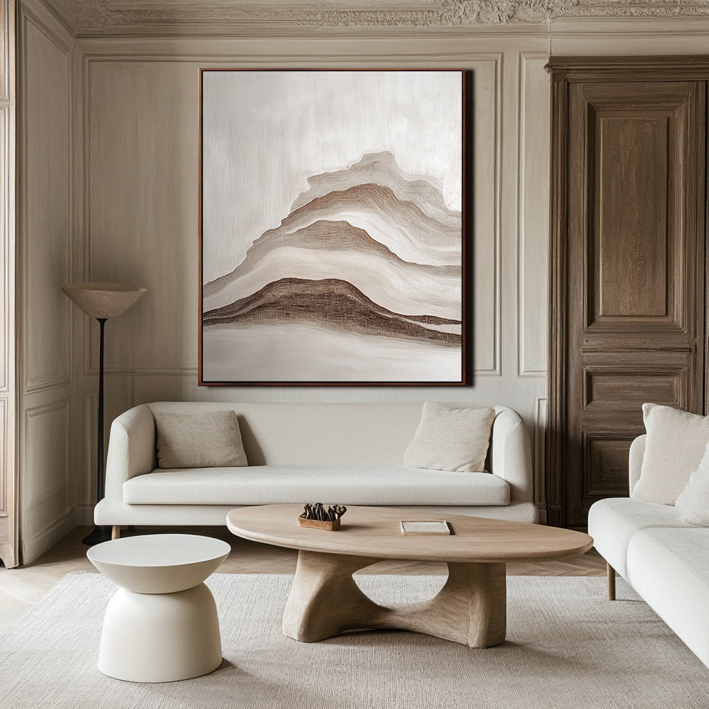 Serenity Peaks Wall Art- Framed Abstract Mountain Landscape Oil Painting, Neutral Tones Wall Art for Home Decor