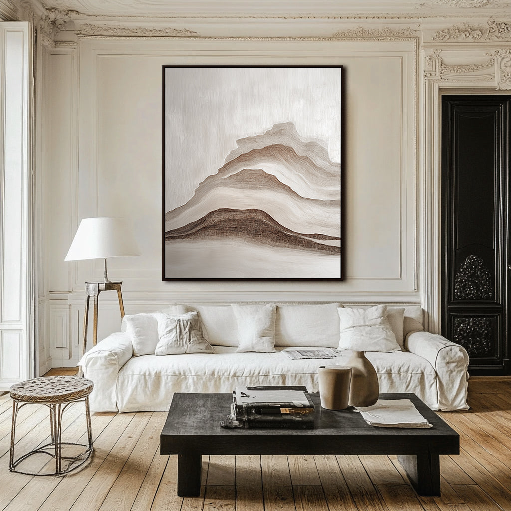 Serenity Peaks Wall Art- Framed Abstract Mountain Landscape Oil Painting, Neutral Tones Wall Art for Home Decor