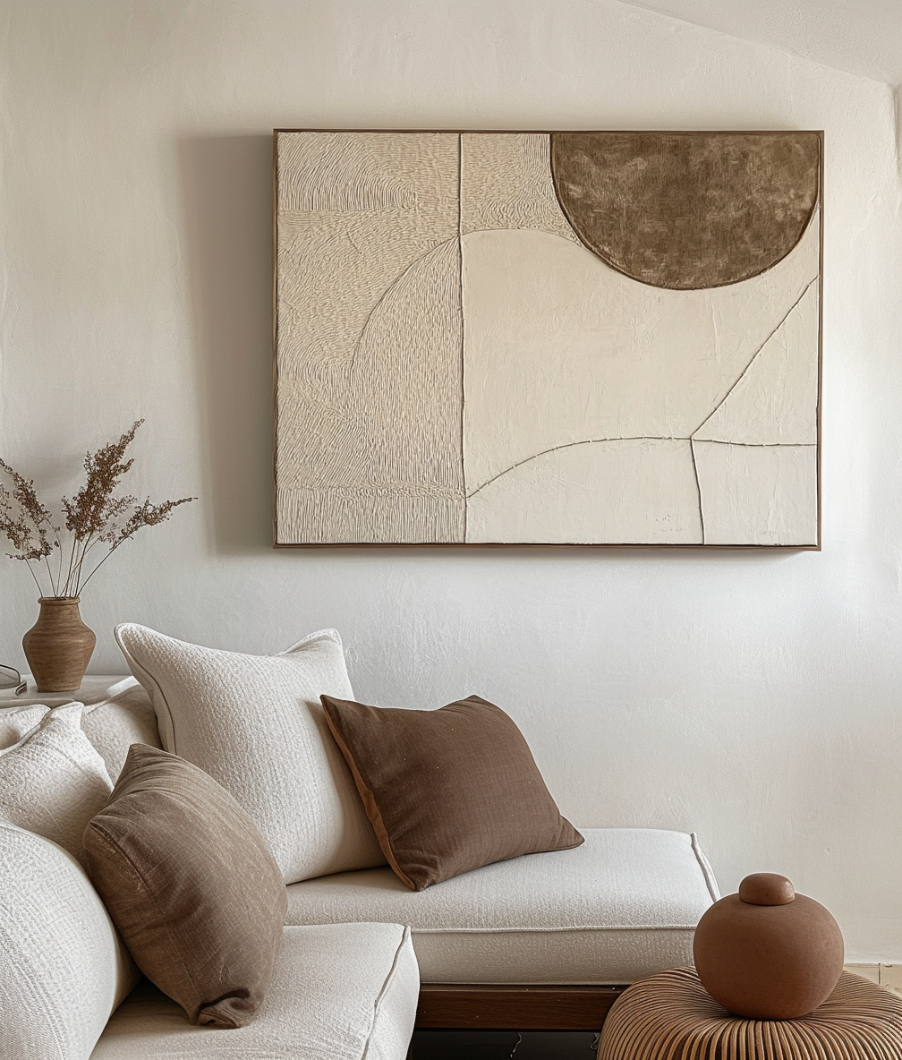 Lunar Harmony Wall Art-Modern Abstract Geometric Wall Art: Textured Neutral Tones with Curved Forms for Modern Interiors