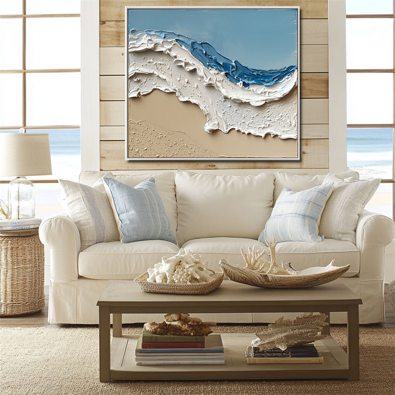 Ocean Serenity Waves: Blue White Abstract Seaside Wave Artwork - Impasto Textured Wall Decor, Stylish Accent for Modern Homes