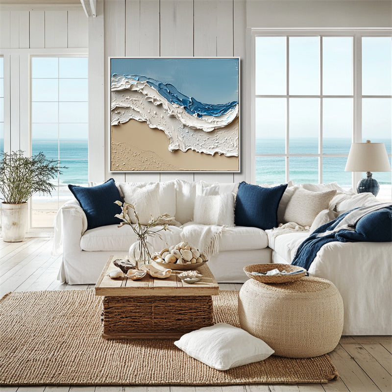 Ocean Serenity Waves: Blue White Abstract Seaside Wave Artwork - Impasto Textured Wall Decor, Stylish Accent for Modern Homes