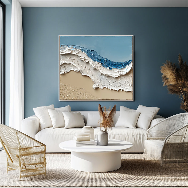 Ocean Serenity Waves: Blue White Abstract Seaside Wave Artwork - Impasto Textured Wall Decor, Stylish Accent for Modern Homes