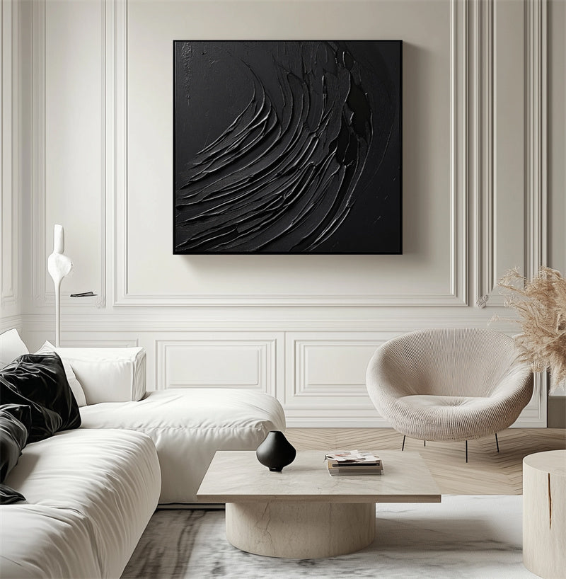 Onyx Tides - Large Black Abstract Textured Canvas Wall Art for Modern Minimalist Home Decor