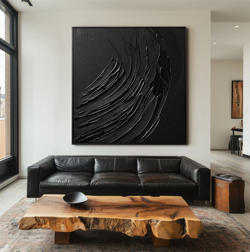 Onyx Tides - Large Black Abstract Textured Canvas Wall Art for Modern Minimalist Home Decor