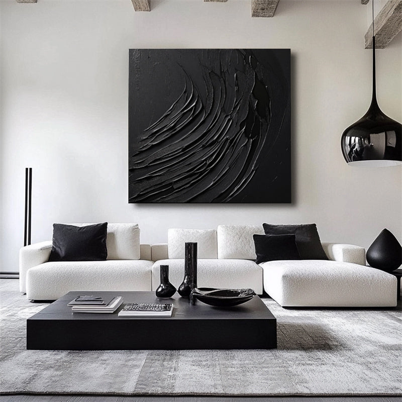 Onyx Tides - Large Black Abstract Textured Canvas Wall Art for Modern Minimalist Home Decor