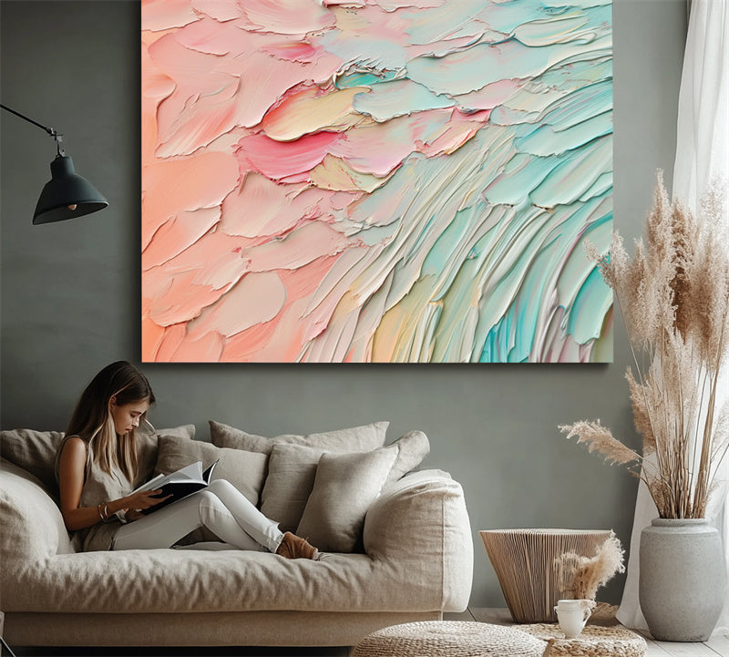 Pastel Dreams-Impasto Textured Abstract Wall Art - Pastel Pink Teal Gradient, Calming Modern Decor for Bedroom