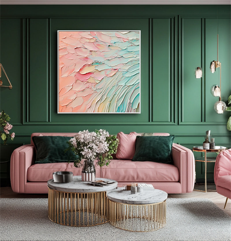 Pastel Dreams-Impasto Textured Abstract Wall Art - Pastel Pink Teal Gradient, Calming Modern Decor for Bedroom