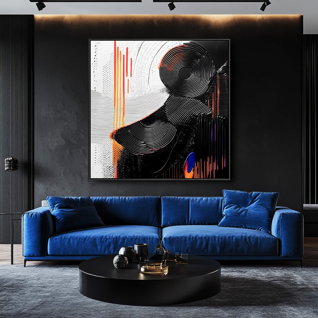 Rhythms of Contrast-Modern Black and White Abstract Art: Monochromatic Painting with Vibrant Orange and Blue Details