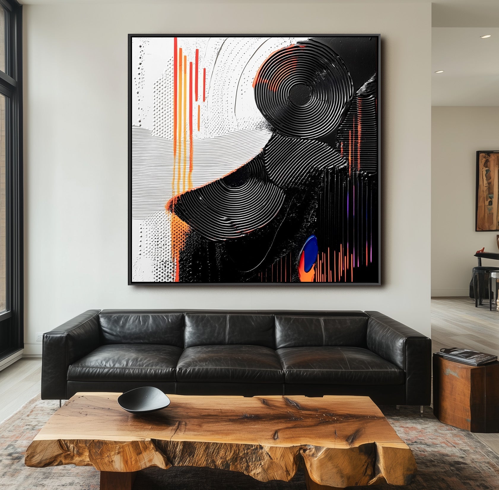Rhythms of Contrast-Modern Black and White Abstract Art: Monochromatic Painting with Vibrant Orange and Blue Details