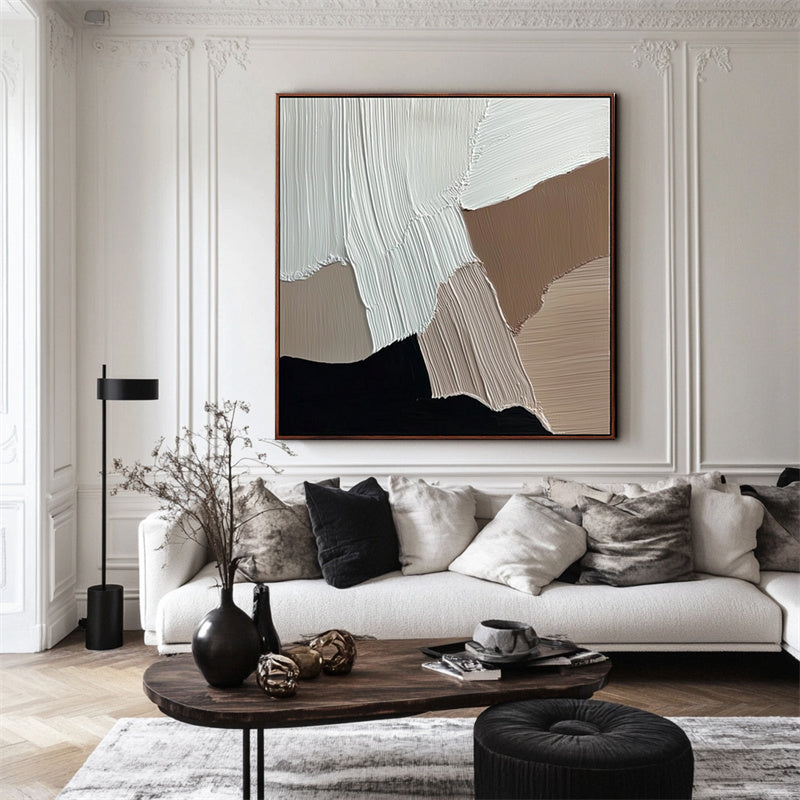 Flowing Horizons : Textured Abstract Oil Painting with Beige, Brown & Black Tones - Minimalist Wall Art, Modern Decor for Contemporary Interiors