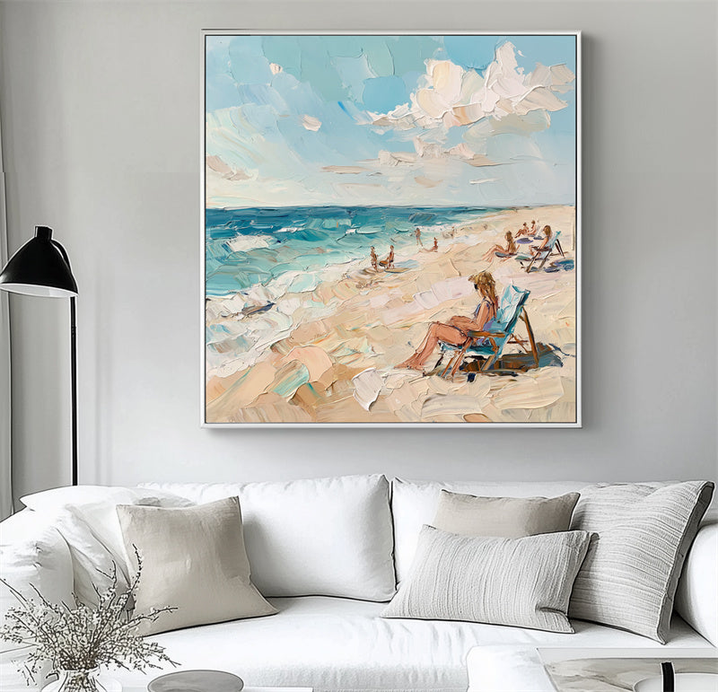 Seaside Serenity Canvas Art-Relaxing Beach Scene Painting: Impressionist Coastal Decor