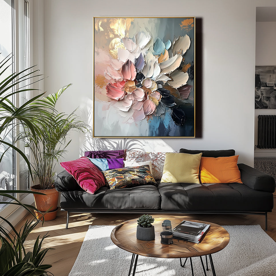 Blossoms in Motion-Abstract Floral Oil Painting – Textured 3D Wall Art for Modern Interiors