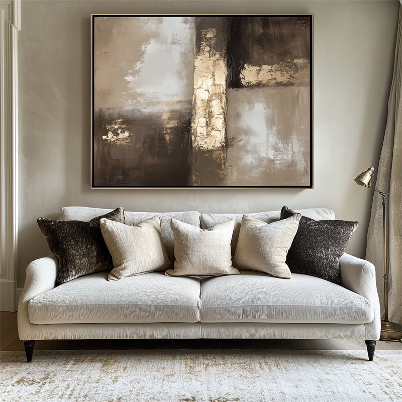 Golden Horizon Canvas Art: Abstract Hand-Painted Wall Art - Contemporary Black, White & Beige Swirls Decor