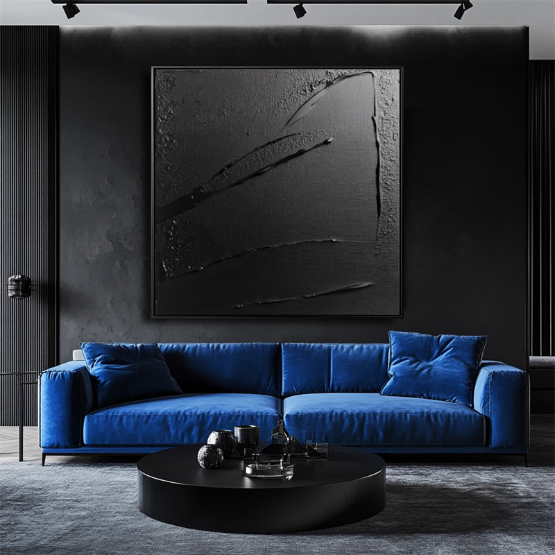 Shadows in Motion: Textured Black Abstract Oil Painting - Minimalist Wall Art, Edgy Decor for Modern Interiors
