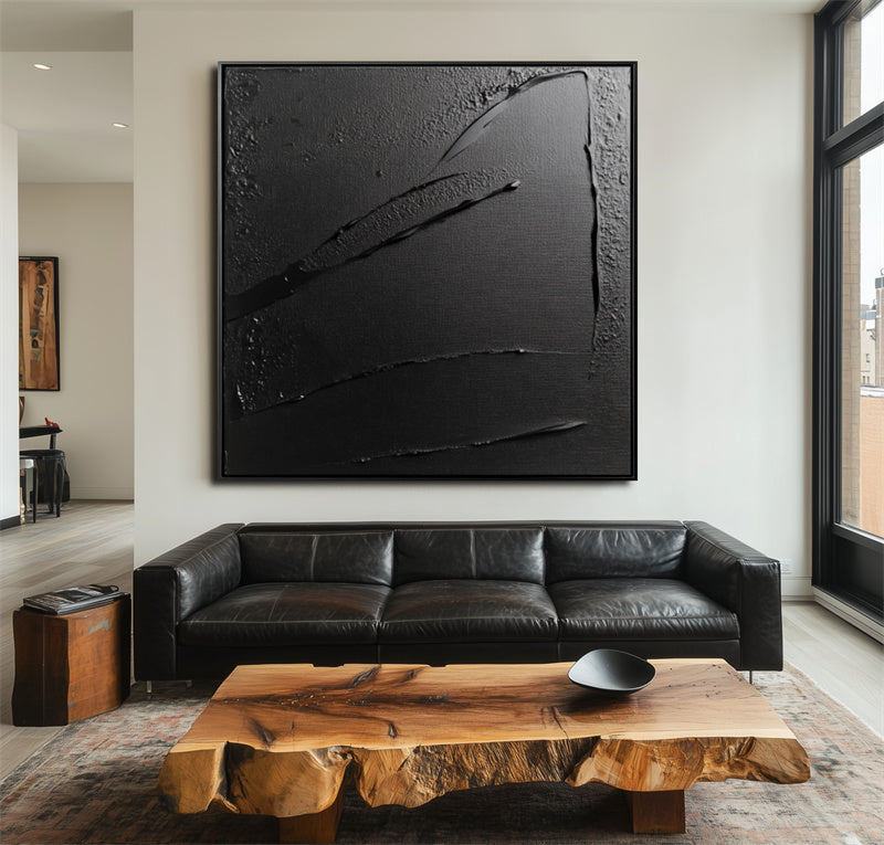 Shadows in Motion: Textured Black Abstract Oil Painting - Minimalist Wall Art, Edgy Decor for Modern Interiors