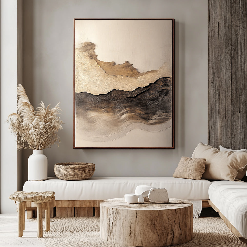 Silent Horizon: Handmade Abstract Oil Painting - Brown Beige Textured Wall Art for Modern Decor
