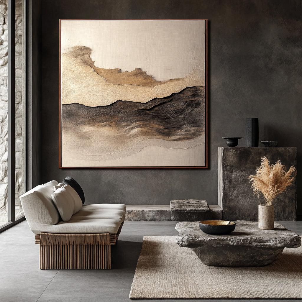 Silent Horizon: Handmade Abstract Oil Painting - Brown Beige Textured Wall Art for Modern Decor
