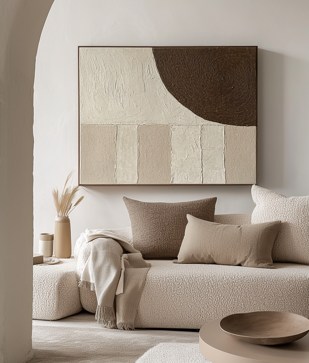 Silent Waves Wall Art-Modern Abstract Wall Art: Textured Painting with Geometric and Curved Forms in Neutral Tones