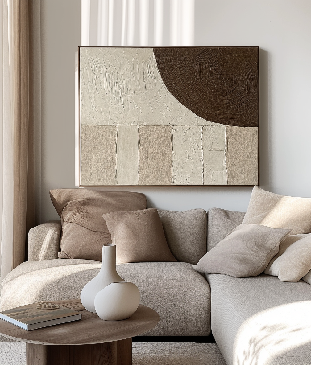 Silent Waves Wall Art-Modern Abstract Wall Art: Textured Painting with Geometric and Curved Forms in Neutral Tones