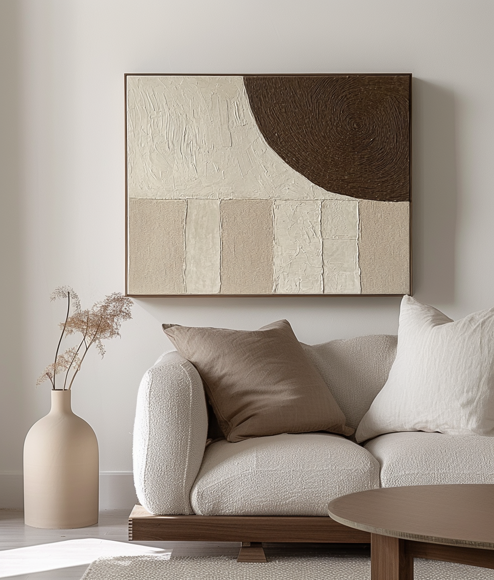 Silent Waves Wall Art-Modern Abstract Wall Art: Textured Painting with Geometric and Curved Forms in Neutral Tones